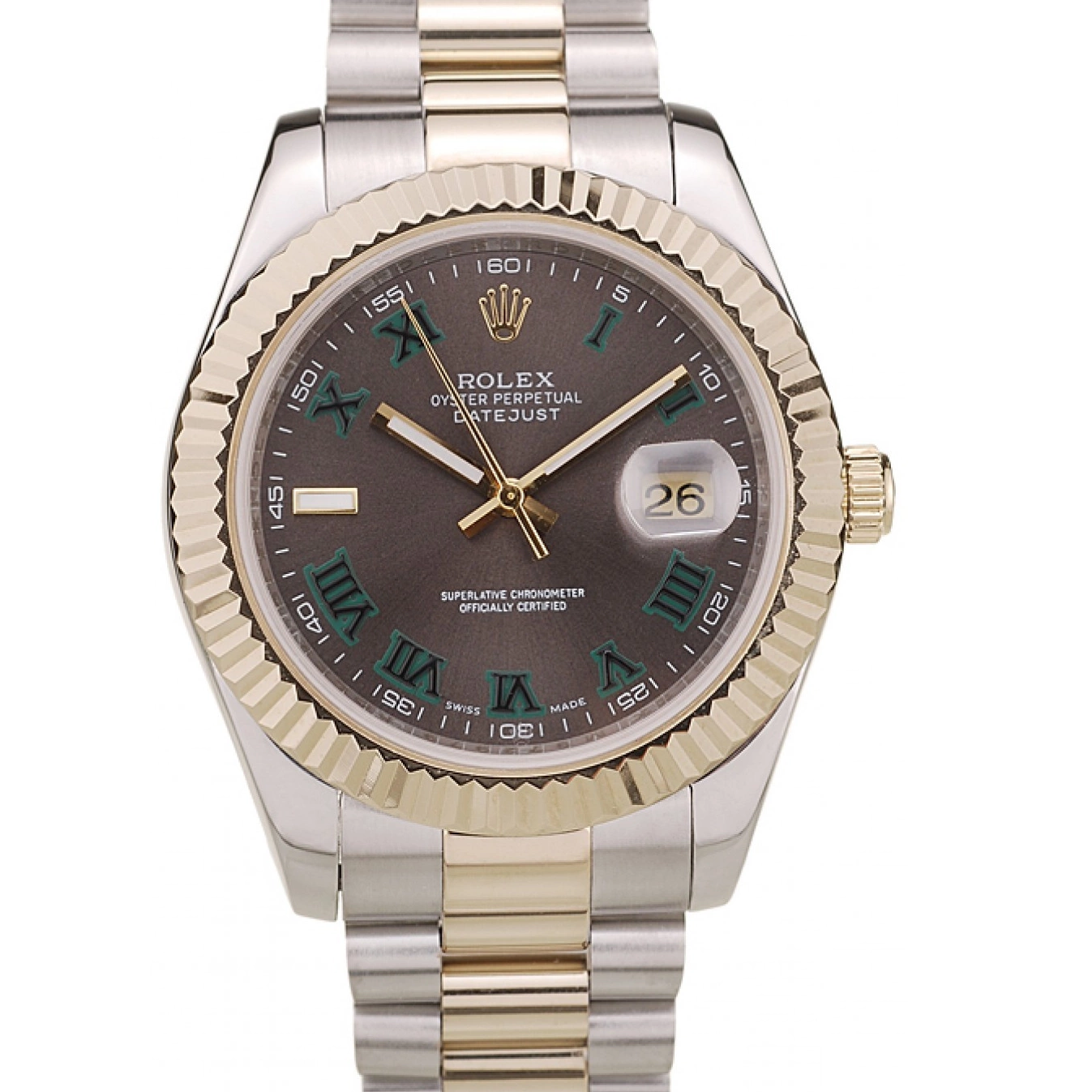 Rolex aaa copy Gold Bezel Brown Ribbed Pattern Rolex Dial DateJust 0708